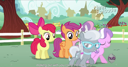 Size: 1152x609 | Tagged: safe, screencap, apple bloom, diamond tiara, scootaloo, silver spoon, sweetie belle, flight to the finish, g4, cutie mark crusaders, hub logo, meme, youtube caption