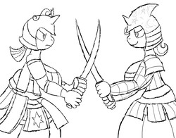 Size: 2300x1800 | Tagged: safe, trixie, twilight sparkle, anthro, g4, armor, breasts, female, helmet, monochrome, samurai, simple background, sketch, sword