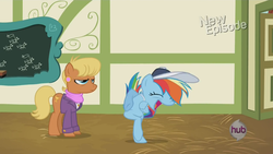 Size: 1280x720 | Tagged: safe, screencap, ms. harshwhinny, rainbow dash, earth pony, pegasus, pony, flight to the finish, g4, season 4, abomination, chalkboard, clothes, coach rainbow dash, drawing, earring, eyes closed, female, frown, great moments in animation, hub logo, mare, neckerchief, open mouth, piercing, smear frame, smiling, standing, unamused, wat