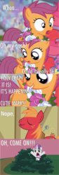 Size: 636x1896 | Tagged: safe, apple bloom, big macintosh, scootaloo, sweetie belle, earth pony, pegasus, pony, unicorn, flight to the finish, g4, blank flank, bush, bushicorn, comic, cutie mark, cutie mark crusaders, eyes closed, female, filly, male, meta, nope, oh come on, stallion, teasing, text, wreath