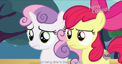 Size: 1151x610 | Tagged: safe, screencap, apple bloom, sweetie belle, flight to the finish, g4, my little pony: friendship is magic, meme, youtube caption