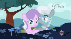 Size: 480x270 | Tagged: safe, screencap, diamond tiara, silver spoon, flight to the finish, g4, animated, female, glasses, hub logo, hubble, male, out of context, the hub