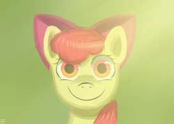 Size: 2800x2000 | Tagged: safe, artist:arastane-siryphia, apple bloom, earth pony, pony, g4, c:, female, looking at you, smiling, solo, uncanny valley