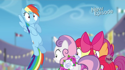 Size: 1920x1080 | Tagged: safe, screencap, apple bloom, rainbow dash, scootaloo, sweetie belle, flight to the finish, g4, cutie mark crusaders, hub logo