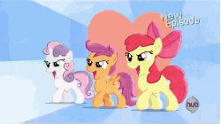 Size: 480x270 | Tagged: safe, screencap, apple bloom, scootaloo, sweetie belle, flight to the finish, g4, animated, cutie mark crusaders, female, hub logo, hubble, the hub