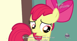 Size: 1152x606 | Tagged: safe, screencap, apple bloom, earth pony, pony, flight to the finish, g4, my little pony: friendship is magic, female, meme, solo, youtube caption