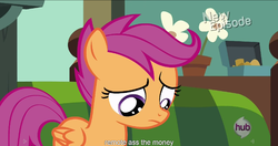 Size: 1152x607 | Tagged: safe, screencap, scootaloo, flight to the finish, g4, female, meme, scootasad, solo, youtube caption