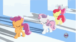 Size: 480x270 | Tagged: safe, screencap, apple bloom, scootaloo, sweetie belle, flight to the finish, g4, animated, cutie mark crusaders, female, hearts as strong as horses, hub logo, hubble, shadow, the hub