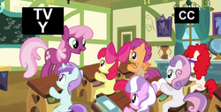 Size: 1280x651 | Tagged: safe, screencap, apple bloom, cheerilee, diamond tiara, liza doolots, petunia, princess celestia, scootaloo, sweetie belle, tootsie flute, twist, flight to the finish, g4, animation error, incorrect leg anatomy, ponyville schoolhouse