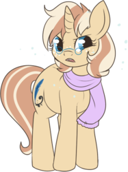 Size: 362x484 | Tagged: safe, artist:lulubell, oc, oc only, oc:lulubell, pony, unicorn, clothes, scarf, simple background, snow, solo, transparent background