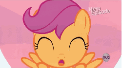Size: 480x270 | Tagged: safe, screencap, apple bloom, scootaloo, sweetie belle, flight to the finish, g4, animated, cute, cutealoo, cutie mark crusaders, faic, female, hearts as strong as horses, hub logo, hubble, the hub