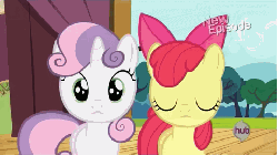 Size: 480x270 | Tagged: safe, screencap, apple bloom, sweetie belle, earth pony, pony, flight to the finish, g4, animated, female, floppy ears, hub logo, hubble, the hub