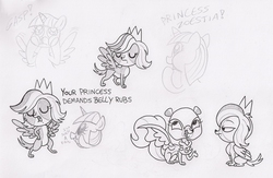 Size: 2250x1470 | Tagged: safe, artist:kukimao, nightmare moon, princess celestia, twilight sparkle, alicorn, dog, pony, skunk, g4, black and white, crossover, female, grayscale, littlest pet shop, mare, monochrome, pepper clark, twilight sparkle (alicorn), zoe trent