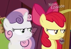 Size: 1065x734 | Tagged: safe, screencap, apple bloom, sweetie belle, flight to the finish, g4, frown, hub logo, unamused