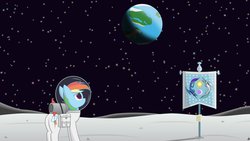 Size: 1191x670 | Tagged: safe, artist:joey, rainbow dash, g4, astrodash, astronaut, clothes, female, flag, flag of equestria, hilarious in hindsight, moon, planet, rocket, saddle bag, solo, space, spacesuit