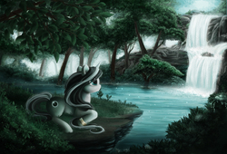 Size: 1400x952 | Tagged: safe, artist:onyrica, oc, oc only, forest, scenery, solo, waterfall