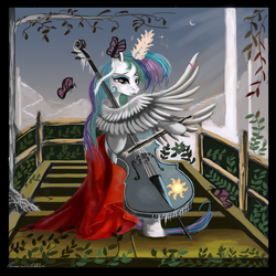 Size: 6840x6840 | Tagged: safe, artist:auroriia, princess celestia, butterfly, g4, absurd resolution, bow (instrument), cello, cello bow, crying, female, musical instrument, nature, solo, wing hands