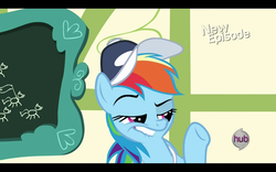 Size: 1680x1050 | Tagged: safe, screencap, rainbow dash, flight to the finish, g4, chalkboard, coach rainbow dash, drawing, dreamworks face, female, hub logo, hubble, lip bite, new episode, out of context, raised eyebrow, solo, the hub