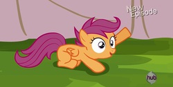 Size: 1354x686 | Tagged: safe, screencap, scootaloo, flight to the finish, g4, bad idea scootaloo, female, hub logo, idea, solo