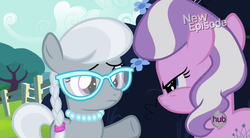 Size: 1396x768 | Tagged: safe, screencap, diamond tiara, silver spoon, flight to the finish, g4, season 4, angry, glasses, hub logo