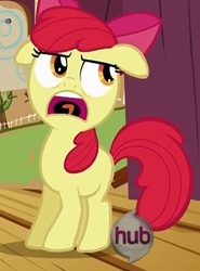 Size: 399x540 | Tagged: safe, screencap, apple bloom, earth pony, pony, flight to the finish, g4, eyeroll, faic, female, hub logo, solo