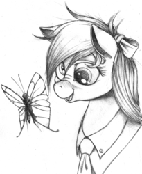 Size: 600x732 | Tagged: safe, artist:derp-my-life, derpy hooves, butterfly, pegasus, pony, g4, alternate hairstyle, blushing, bow, bust, clothes, cute, derp, derpabetes, female, happy, mare, monochrome, necktie, nose wrinkle, shirt, solo, traditional art