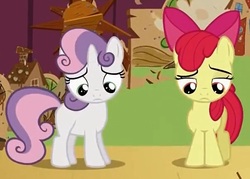 Size: 641x459 | Tagged: safe, apple bloom, sweetie belle, flight to the finish, g4, frown, sad, upset