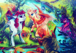 Size: 3000x2100 | Tagged: safe, artist:syntactics, applejack (g1), moondancer (g1), oc, merpony, pegasus, pony, unicorn, g1, bow, fins, grass, high res, horn, looking at each other, looking at someone, open mouth, river, smiling, spread wings, sunlight, tail bow, water, wings
