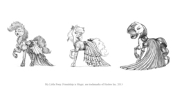 Size: 1300x688 | Tagged: safe, artist:baron engel, pinkie pie, rarity, oc, oc:carousel, g4, clothes, dress, grayscale, monochrome, pencil drawing, traditional art