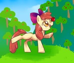 Size: 950x800 | Tagged: safe, artist:kemonomo, apple bloom, earth pony, pony, g4, apple, balancing, female, filly, foal, open mouth, pixiv, ponies balancing stuff on their nose, raised hoof, raised leg, smiling, solo