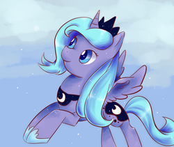 Size: 950x800 | Tagged: safe, artist:kemonomo, princess luna, g4, female, flying, pixiv, s1 luna, smiling, solo, spread wings