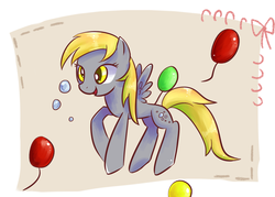 Size: 922x659 | Tagged: safe, artist:kemonomo, derpy hooves, pegasus, pony, g4, balloon, bubble, female, flying, mare, open mouth, pixiv, smiling, solo