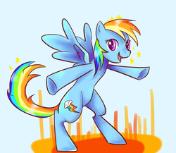 Size: 922x800 | Tagged: safe, artist:kemonomo, rainbow dash, pegasus, pony, g4, abstract background, bipedal, dancing, female, looking at you, mare, open mouth, pixiv, simple background, smiling, solo, spread wings