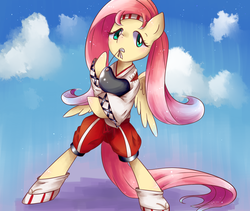 Size: 950x800 | Tagged: safe, artist:kemonomo, fluttershy, pony, g4, archery, bipedal, clothes, dressing, female, mouth hold, pixiv, solo