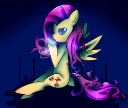 Size: 950x800 | Tagged: safe, artist:kemonomo, fluttershy, g4, :o, feather, female, looking at you, pixiv, sitting, solo, spread wings