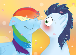 Size: 1024x745 | Tagged: safe, artist:aitanaru, rainbow dash, soarin', g4, blushing, female, kissing, male, ship:soarindash, shipping, straight