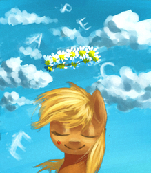 Size: 900x1026 | Tagged: safe, artist:x-raydistorted, applejack, g4, cloud, cloudy, eyes closed, female, floral head wreath, portrait, solo