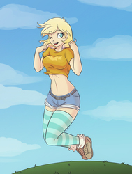 Size: 967x1280 | Tagged: safe, artist:scorpdk, oc, oc only, oc:ticket, human, belly button, clothes, humanized, jumping, light skin, looking at you, midriff, one eye closed, open mouth, pants, smiling, smiling at you, socks, solo, stockings, striped socks, thigh highs, thigh socks, wink, winking at you