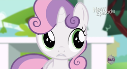 Size: 1398x768 | Tagged: safe, screencap, sweetie belle, flight to the finish, g4, female, hub logo, solo