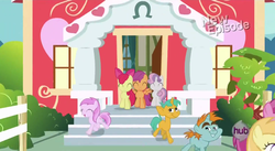 Size: 850x466 | Tagged: safe, screencap, apple bloom, noi, piña colada, ruby pinch, scootaloo, snails, snips, sweetie belle, flight to the finish, g4, animation error, blank flank, cutie mark crusaders, hub logo, piña cutelada