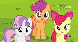 Size: 848x466 | Tagged: safe, screencap, apple bloom, scootaloo, sweetie belle, flight to the finish, g4, cutie mark crusaders, hub logo