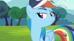 Size: 1397x768 | Tagged: safe, screencap, rainbow dash, pony, flight to the finish, g4, coach rainbow dash, female, hat, hub logo, solo