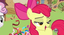 Size: 850x465 | Tagged: safe, screencap, apple bloom, sweetie belle, flight to the finish, g4, hub logo, lidded eyes