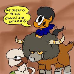 Size: 1280x1280 | Tagged: safe, artist:benja, oc, bouffalant, smeargle, ask ask-the-ponies, crossover, pokémon, spanish, translated in the comments