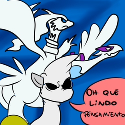 Size: 1280x1280 | Tagged: safe, artist:benja, oc, lugia, reshiram, ask ask-the-ponies, crossover, kluxy, pokémon, spanish, translated in the comments