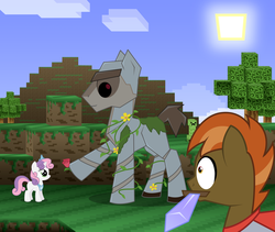Size: 3000x2529 | Tagged: safe, artist:sirzi, button mash, sweetie belle, earth pony, golem, pony, unicorn, don't mine at night, g4, colt, creeper, female, filly, flower, foal, horn, iron golem, laputa: castle in the sky, male, minecraft, ponified, rule 85, sword, video game, weapon