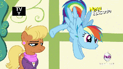 Size: 1280x720 | Tagged: safe, screencap, ms. harshwhinny, rainbow dash, pony, flight to the finish, g4, animated, female, flying, hub logo, loop, new episode, out of context, ponyville schoolhouse, school