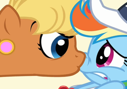 Size: 1061x749 | Tagged: safe, screencap, ms. harshwhinny, rainbow dash, pony, flight to the finish, g4, angry, boop, coach rainbow dash, earring, eye contact, frown, glare, gritted teeth, nose wrinkle, noseboop, out of context, piercing, scared