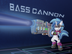 Size: 1600x1200 | Tagged: safe, artist:sound-resonance, dj pon-3, vinyl scratch, pony, g4, bass cannon, bipedal, boots, female, goggles, shoes, solo