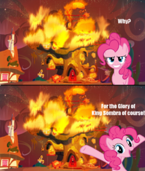 Size: 830x982 | Tagged: safe, pinkie pie, g4, arson, betrayal, female, fire, for the glory of satan, golden oaks library, image macro, kumamon, meme, solo, traitor